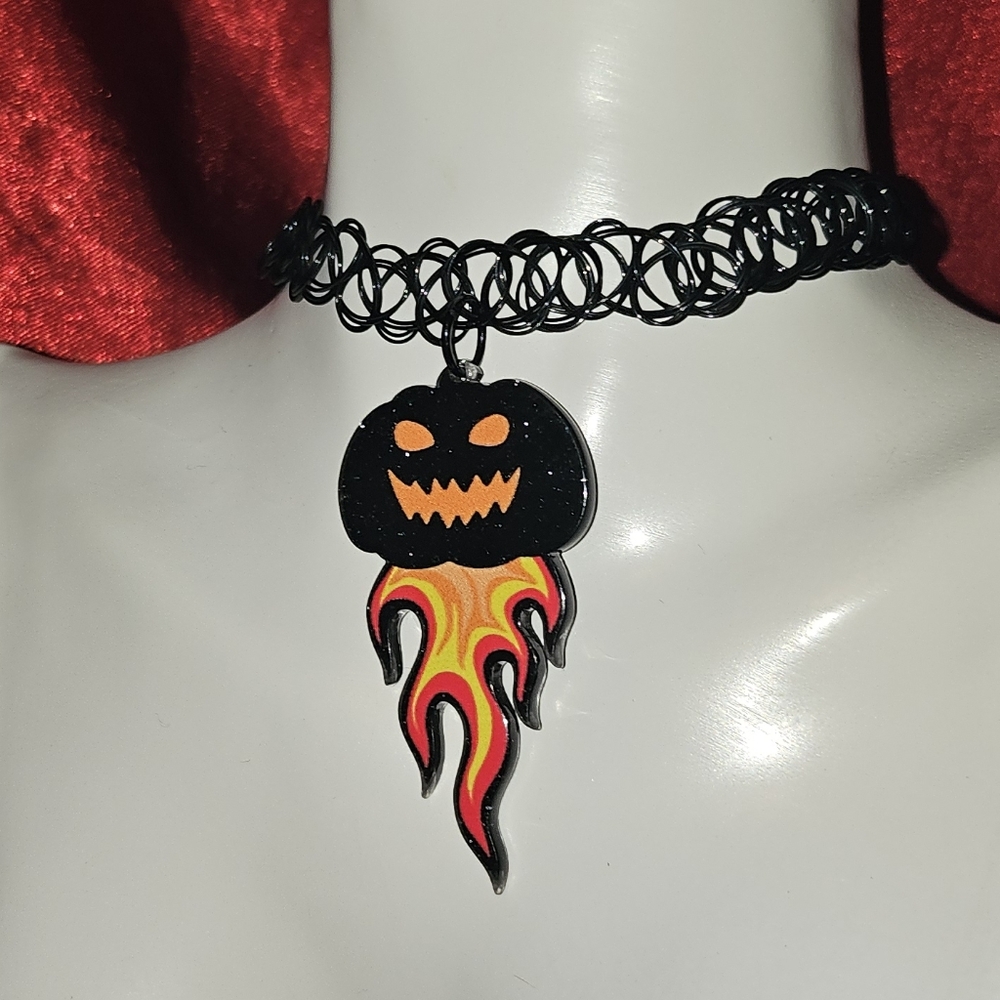 Flaming pumpkin charm choker necklace